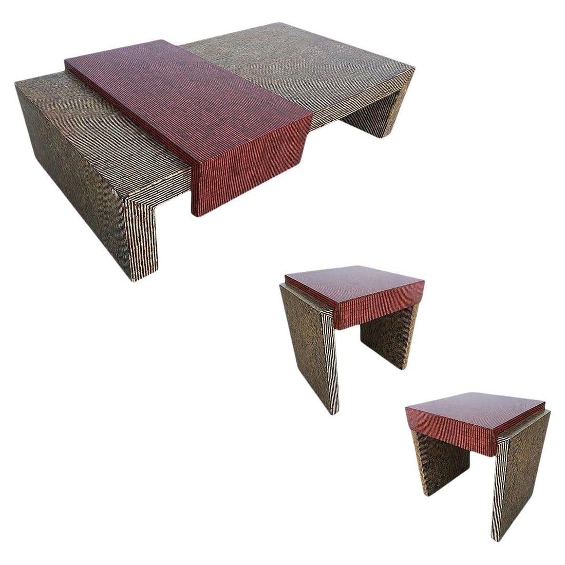 Two-Tone Cubist Style Side Table and Coffee Table Set - Set of 3 (1 of 5)