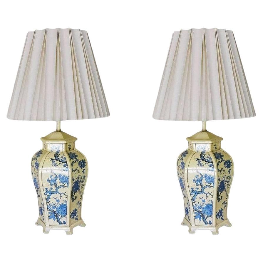 James Mont Style Enamel Asian Inspired Midcentury Lamp Pair: Title: James Mont Style Enamel Asian Inspired Midcentury Lamp Pair Description: James Mont style metal lamp pair with Asian inspired enamel finish featuring a floral like design of a Bonsai with a cre