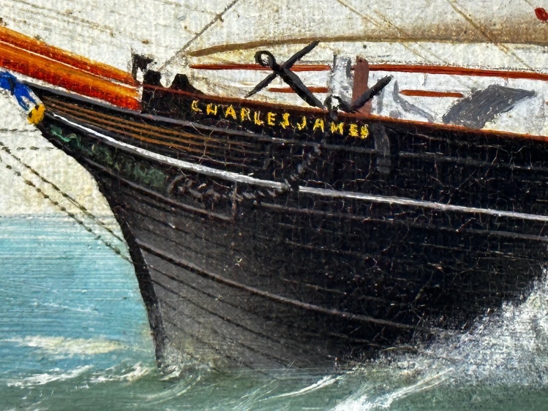 French Victorian Oil Painting Marine Barquentine Ship Charles James Off Dunkirk - 13