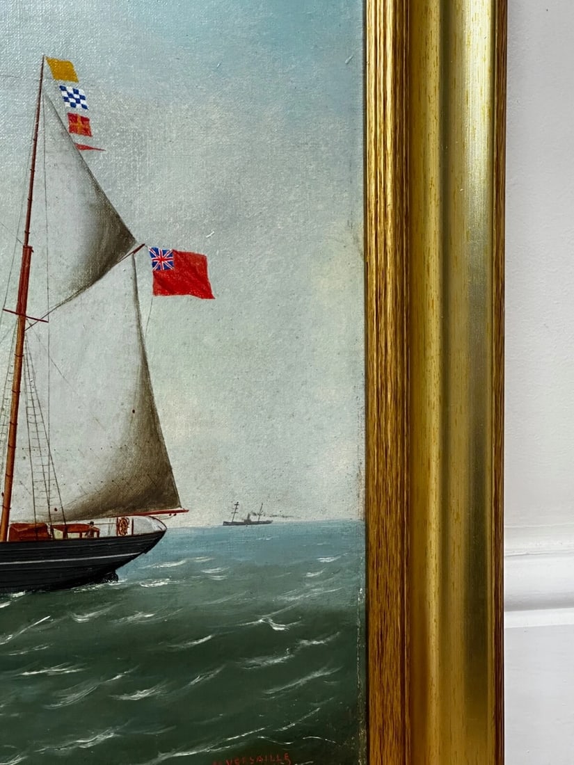 French Victorian Oil Painting Marine Barquentine Ship Charles James Off Dunkirk - 4