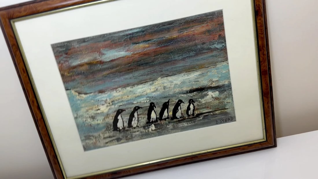 Oil Painting Winter Waddle Group Black & White Polar Penguins Antarctica - 2