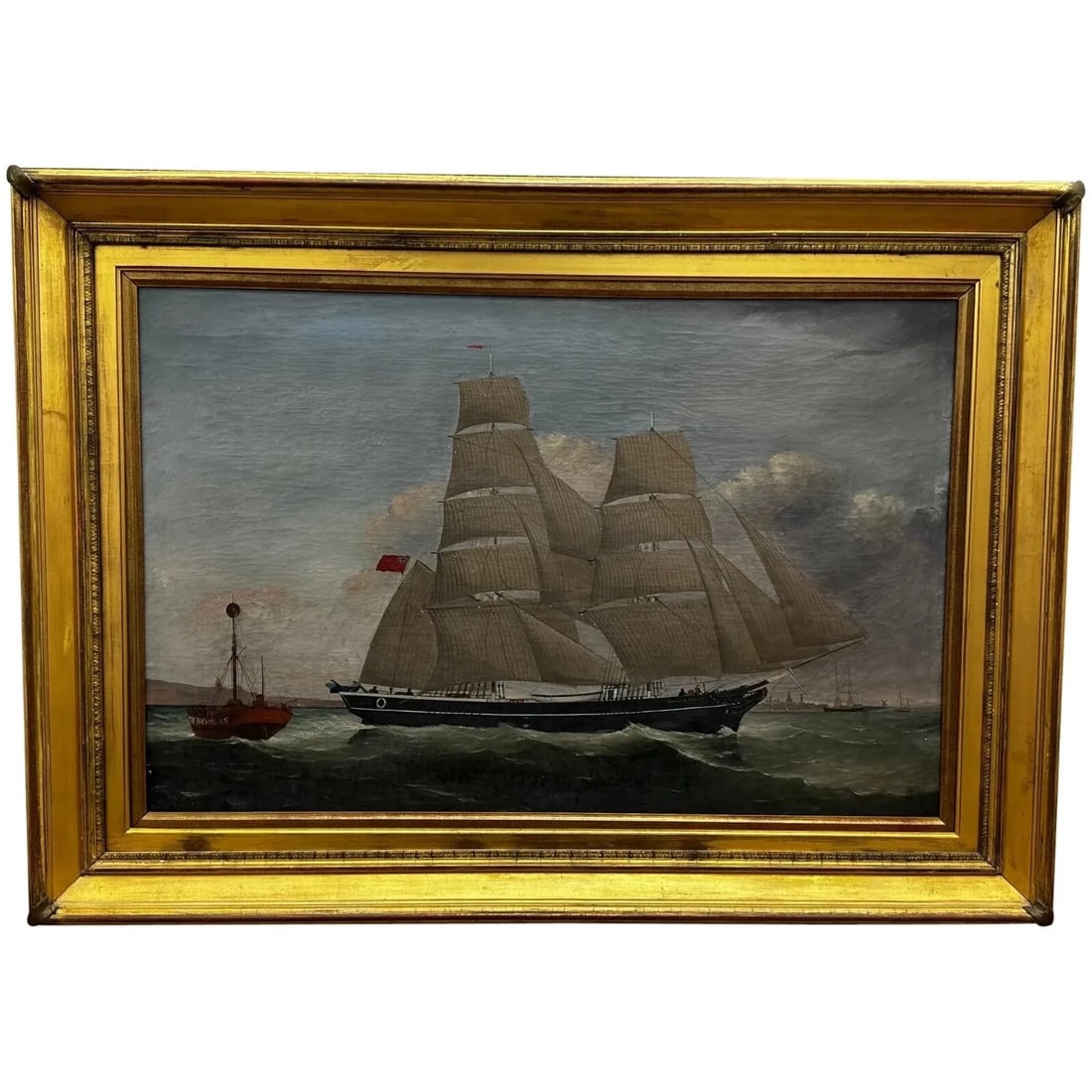 Victorian Oil Painting Marine Brigg Ship Susannah Thrift With Pilot St Nicholas: Victorian Oil Painting Marine Brigg Ship Susannah Thrift With Pilot St Nicholas Description Fine Large Antique Victorian Oil Painting – “Susannah Thrift” Marine Ship by G. Ramsey 