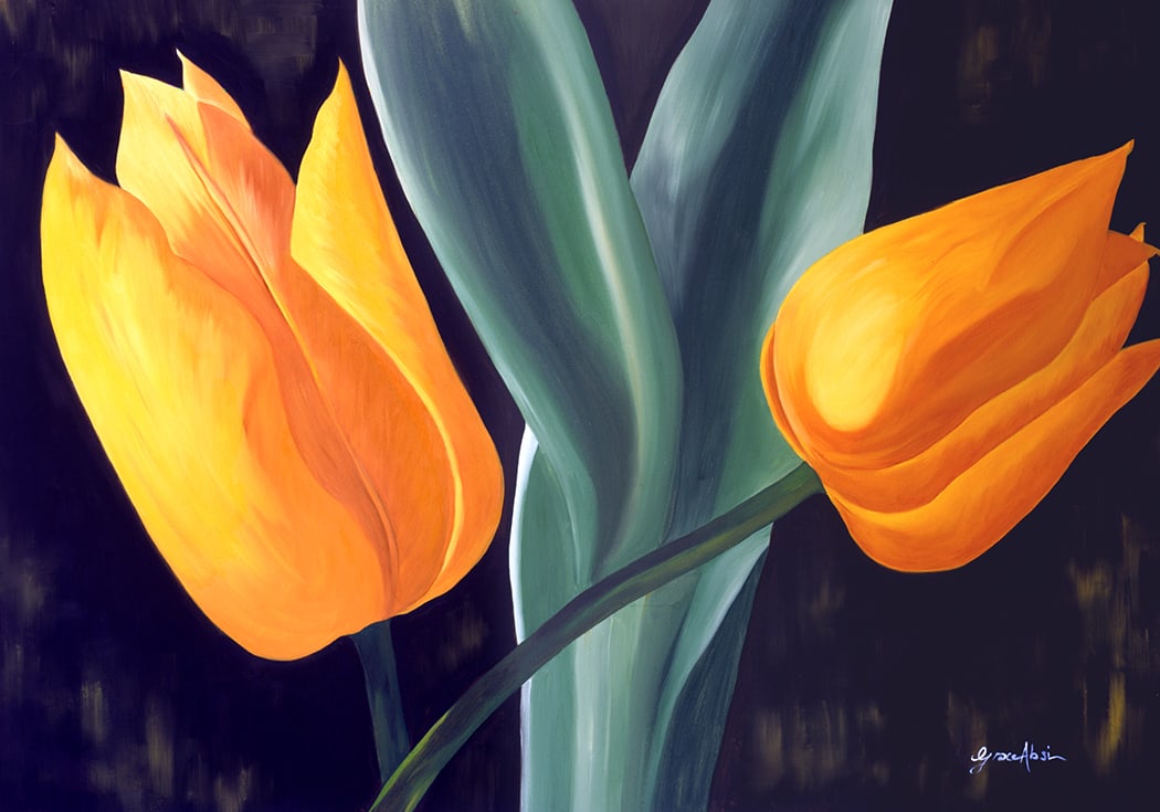 Grace Absi Yellow Tulips 2001 Oil Painting on Canvas Framed (1 of 1)