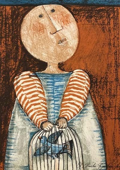 Boulanger Original Lithograph Mourlot Enfant et oiseau 5: Title: Boulanger Original Lithograph Mourlot Enfant et oiseau 5 Description: Title: Enfant et oiseau 5 Artist: Graciela Boulanger Country: Bolivia Medium: Original Lithograph Marks: Signed in plate, n