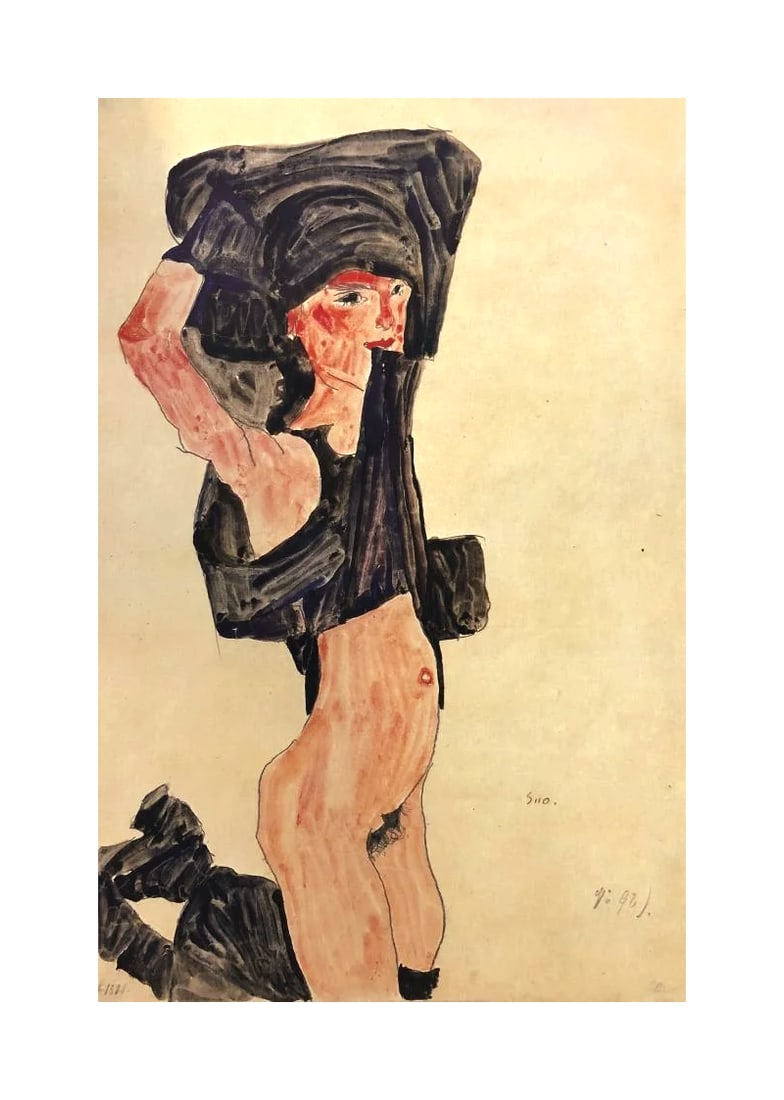 1981 Egon Schiele 6 Erotic Drawings Half Figure kneeling Girl (1 of 1)