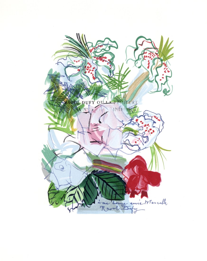 1965 Raoul Dufy Lithograph 6 - Fleurs: Title: 1965 Raoul Dufy Lithograph 6 - Fleurs Description: Title: Fleurs Artist: Raoul Dufy Country: France Medium: Lithograph 6 Marks: Signed in plate, not numbered Paper size: 12 X9.5 inch Printed: 1