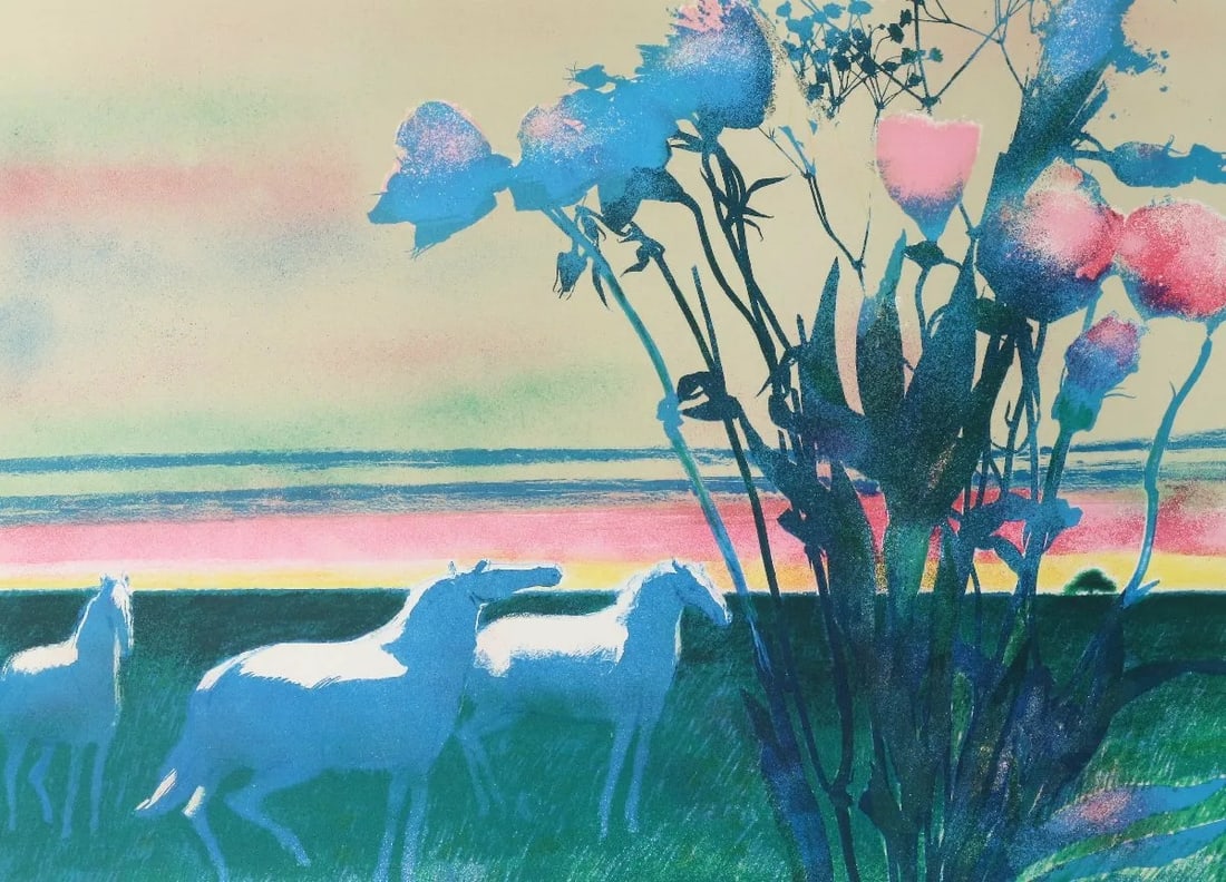 Guiramand Original Lithograph Flowers with 3 horses Signed & numbered (1 of 2)