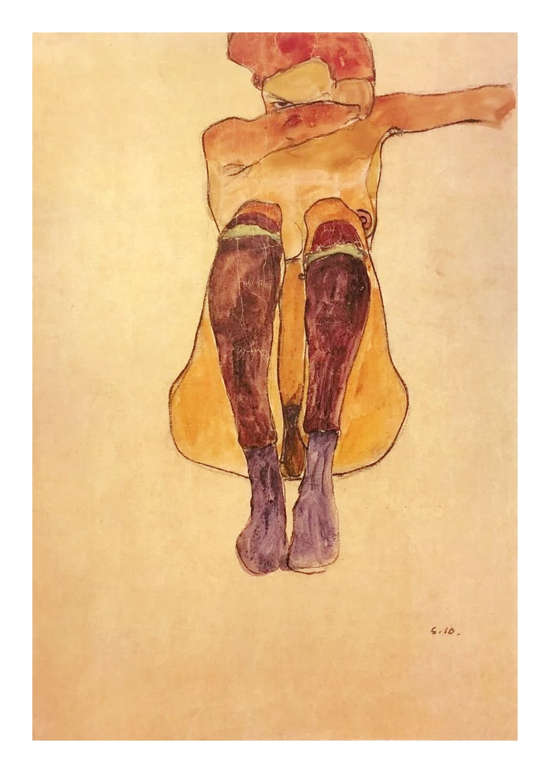 1981 Egon Schiele 2 Erotic drawings Seated figure with purple Stocking (1 of 1)