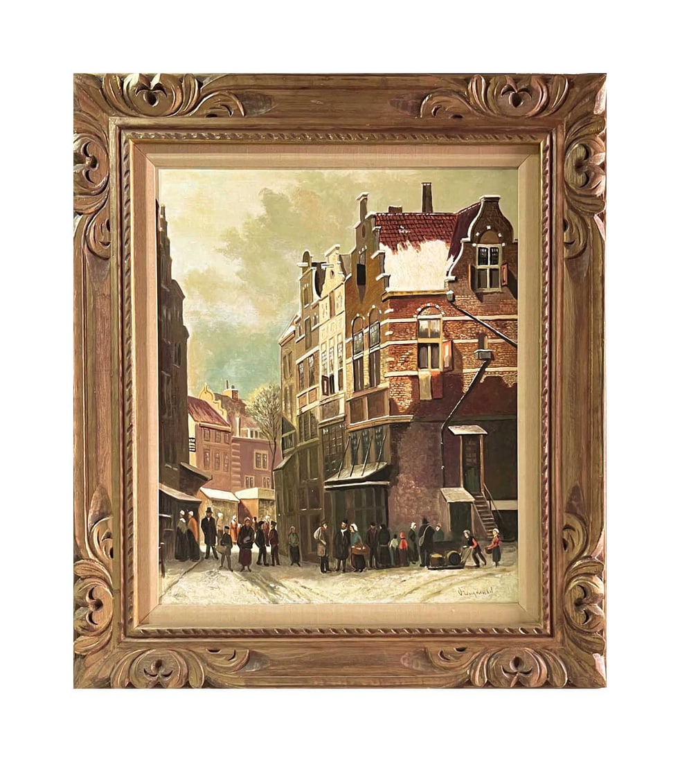 Vreugdenhil Street Scene Oil Painting carved wood framed: Title: Vreugdenhil Street Scene Oil Painting carved wood framed Description: Artist: Vreugdenhil Country: Nederland Title: Street Scene (Vintage) Medium: Original oil painting on canvas Marks: Hand si