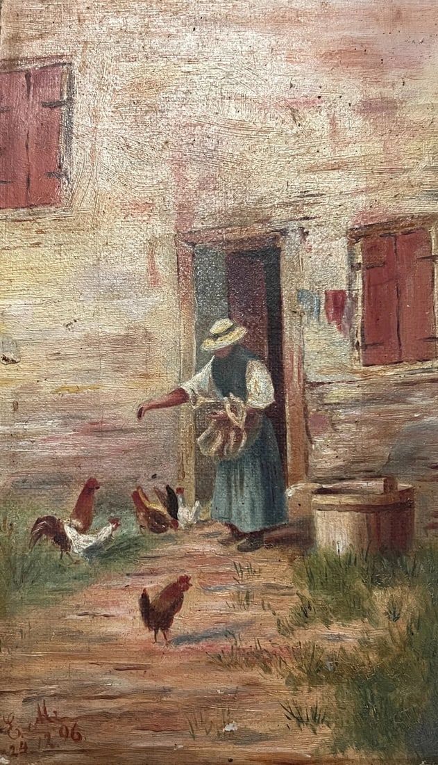 1896 French Rural Scene Farmwoman Chickens Antique Oil Painting Dated Genre: Oil on canvas 23 x 15 cm / 9.05 x 5.90 inches small damages signed E.M 96 Reserve: $200.00 Shipping: Domestic: Flat-rate of $25.00 to anywhere within the contiguous U.S. International: Foreign shippin