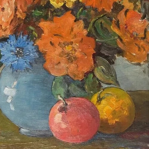 Still Life Orange Yellow Bouquet Flowers Floral Antique Oil Painting - 3