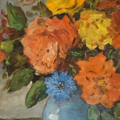 Still Life Orange Yellow Bouquet Flowers Floral Antique Oil Painting - 4