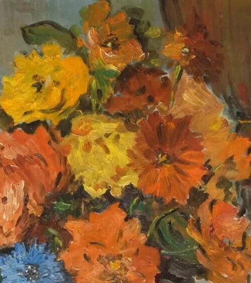 Still Life Orange Yellow Bouquet Flowers Floral Antique Oil Painting - 6