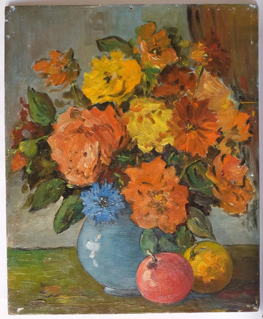 Still Life Orange Yellow Bouquet Flowers Floral Antique Oil Painting - 8