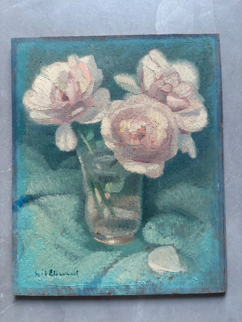 Antique Painting Flowers Bouquet Oil Pink Roses Bouquet, Vase Signed Floral - 2