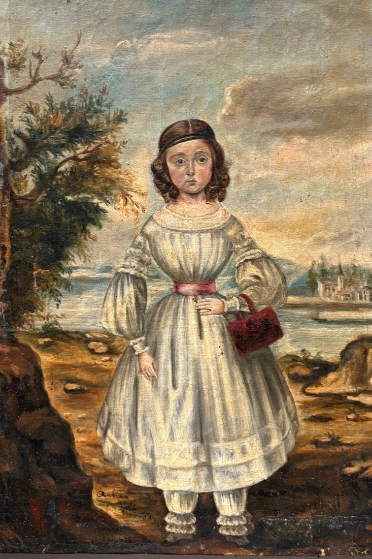 Antique Oil Original Painting Young Girl Portrait Landscape 1839 Signed AUBIN: Description Oil on canvas 43 x 31.5 cm / 16.92 x 12.40 inches restorations Etienne Gustave AUBIN (1821-1856) Reserve: $500.00 Shipping: Domestic: Flat-rate of $45.00 to anywhere within the contiguous
