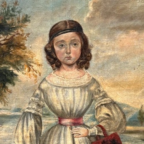 Antique Oil Original Painting Young Girl Portrait Landscape 1839 Signed AUBIN - 3