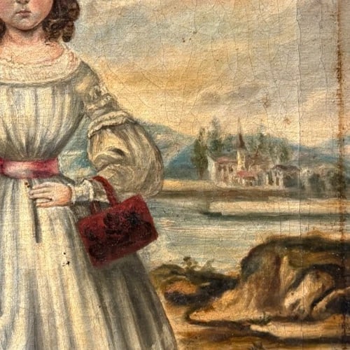 Antique Oil Original Painting Young Girl Portrait Landscape 1839 Signed AUBIN - 4