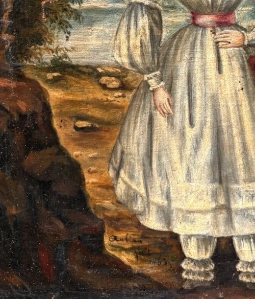 Antique Oil Original Painting Young Girl Portrait Landscape 1839 Signed AUBIN - 5