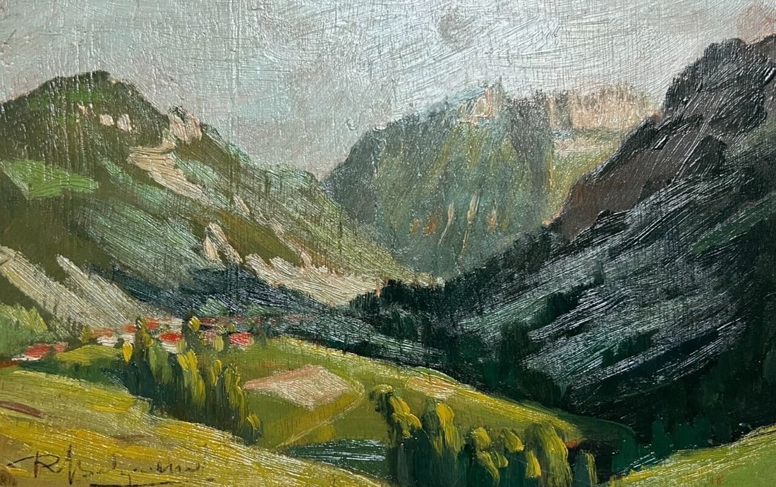 Antique Original Painting Landscape Mountain Village Robert BELGRAND (1901-1982): Description Oil on wood 18 x 26.5 cm hole, cut in half Reserve: $180.00 Shipping: Domestic: Flat-rate of $45.00 to anywhere within the contiguous U.S. International: Foreign shipping rates are
