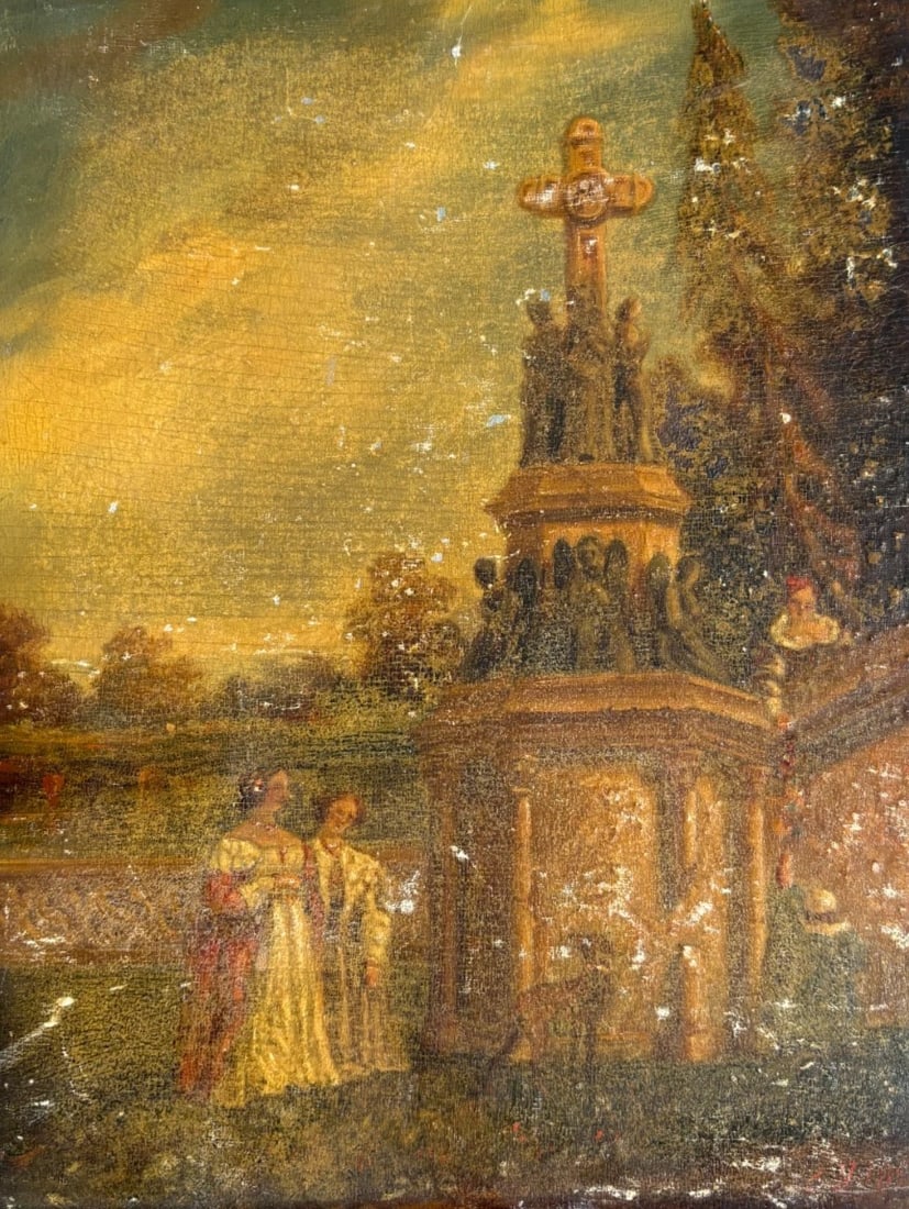 19th century Calvary Monument People Landscape 1871 - Antique Painting Original: Description Oil on wood 25 x 19 cm / 9.84 x 7.48 inches signed J.Y. 1871 small damages Reserve: $180.00 Shipping: Domestic: Flat-rate of $45.00 to anywhere within the contiguous U.S. International: