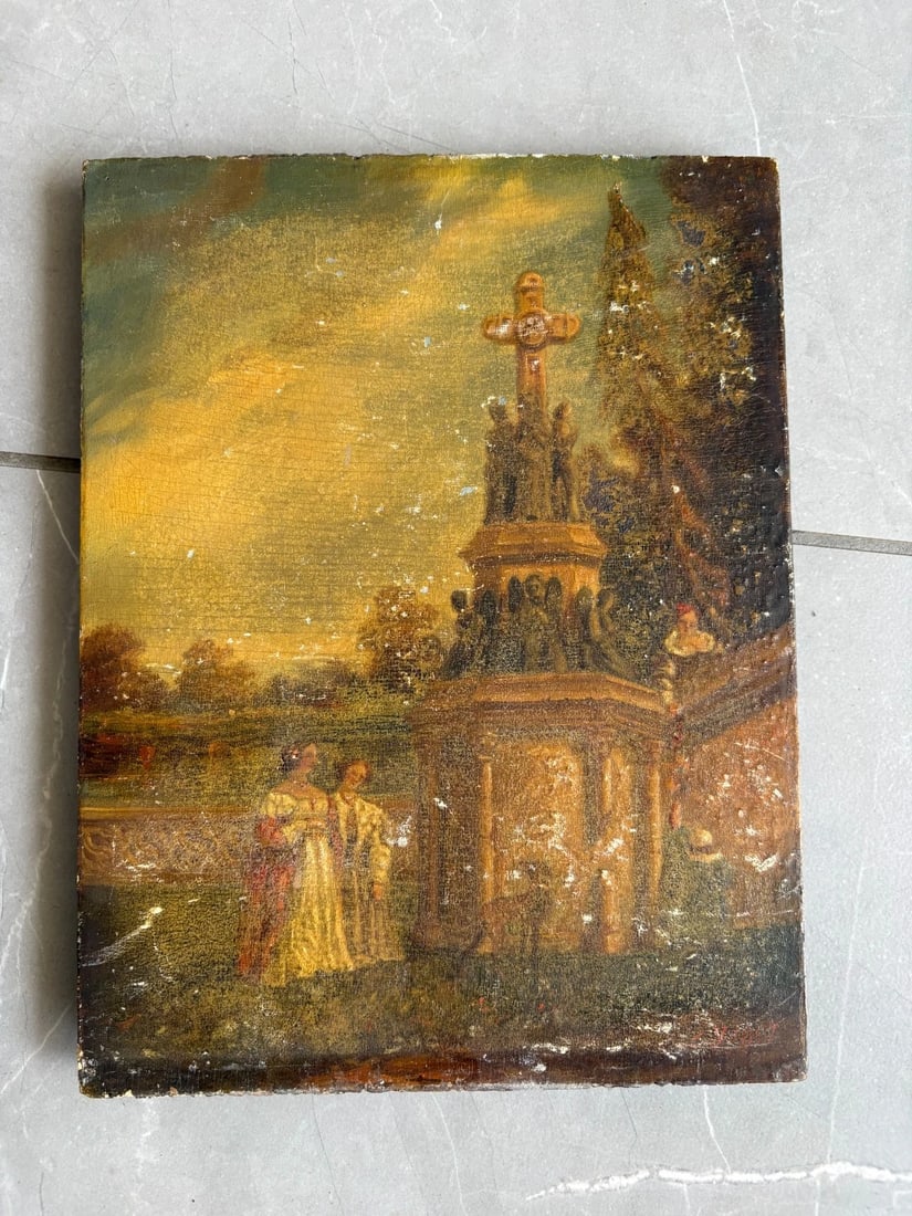 19th century Calvary Monument People Landscape 1871 - Antique Painting Original - 2