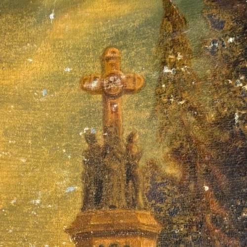 19th century Calvary Monument People Landscape 1871 - Antique Painting Original - 4