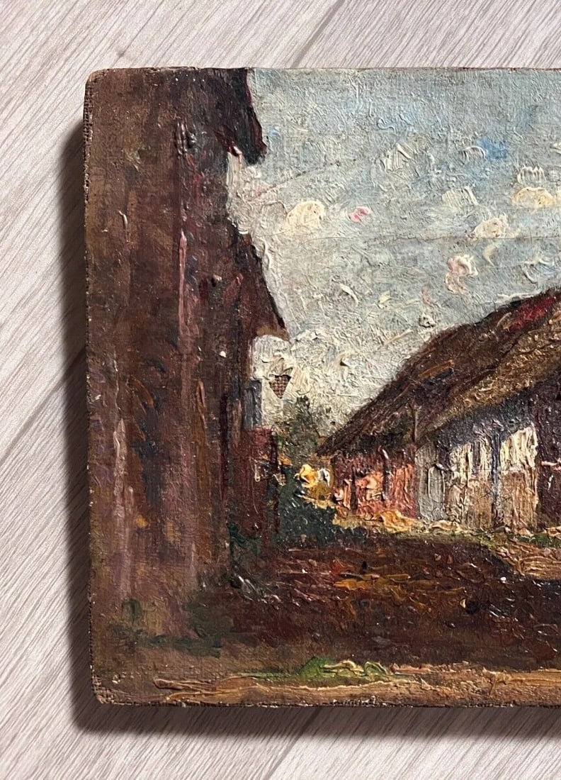 Antique Painting Original Landscape, Mountain, Village, Houses 19th century - 3