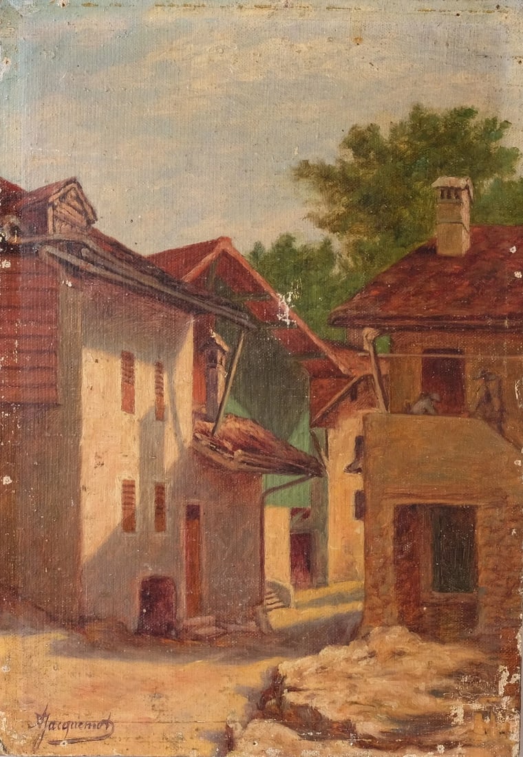 Antique Oil Painting on Canvas Landscape, Houses, Village signed: Description Oil on cardboard 24.5 x 34.5 cm Glue marks around, small holes Reserve: $200.00 Shipping: Domestic: Flat-rate of $45.00 to anywhere within the contiguous U.S. International: Foreign