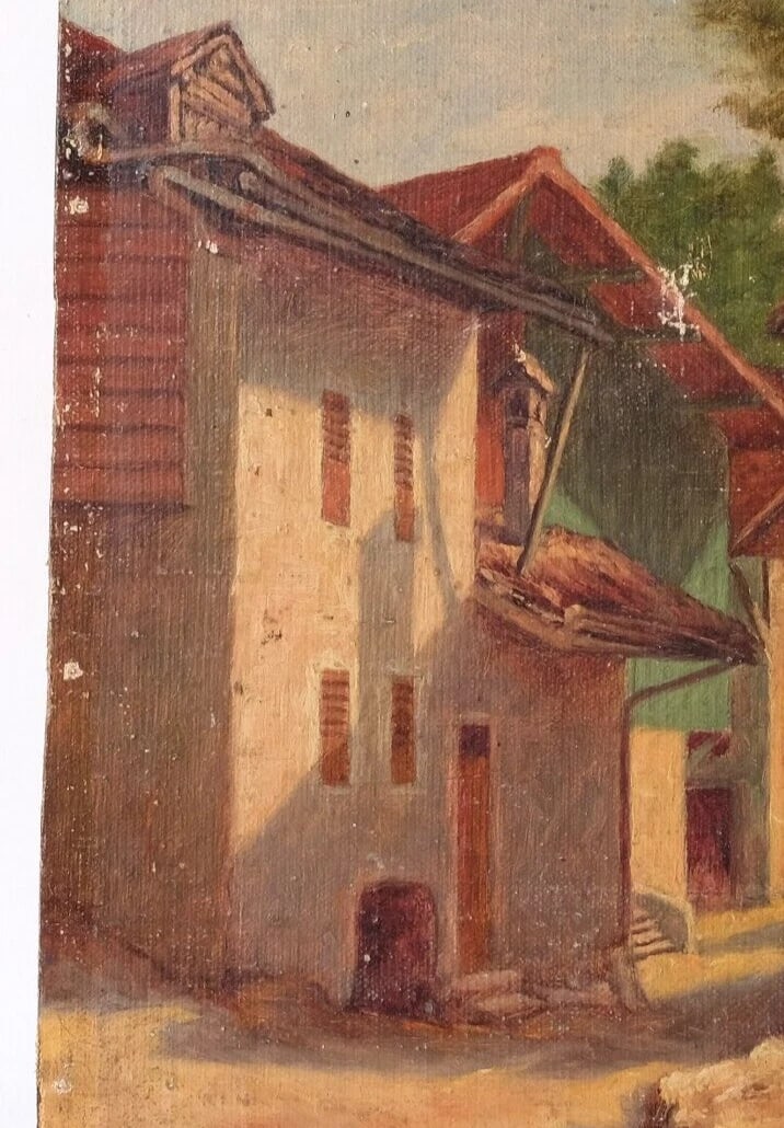 Antique Oil Painting on Canvas Landscape, Houses, Village signed - 4