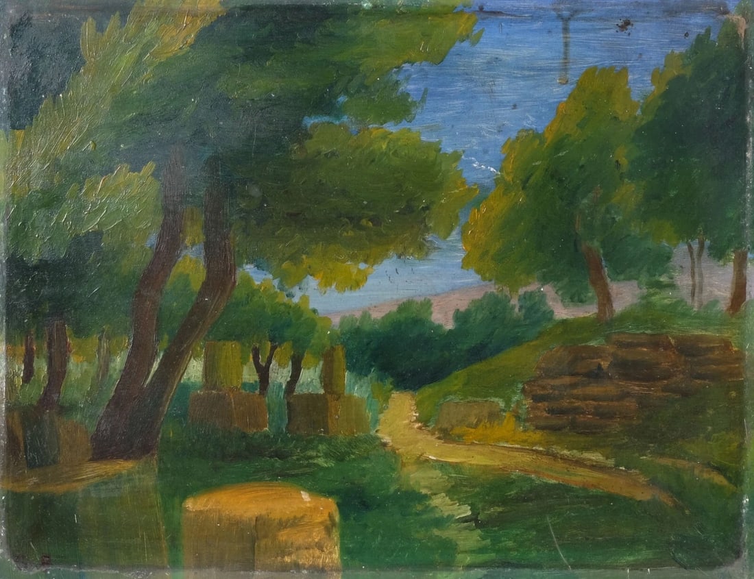 Vintage Original Painting signed Olympia Landscape Forest and Trees: Description Oil on wood 27 x 35 cm scratches, stains Reserve: $150.00 Shipping: Domestic: Flat-rate of $45.00 to anywhere within the contiguous U.S. International: Foreign shipping rates are