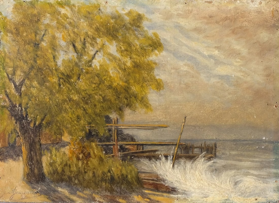 Antique Oil Original Painting signed Bourasque on Leman Amphion Haute Savoie: Description Oil on cardboard 24 x 33 cm small holes Reserve: $150.00 Shipping: Domestic: Flat-rate of $45.00 to anywhere within the contiguous U.S. International: Foreign shipping rates are