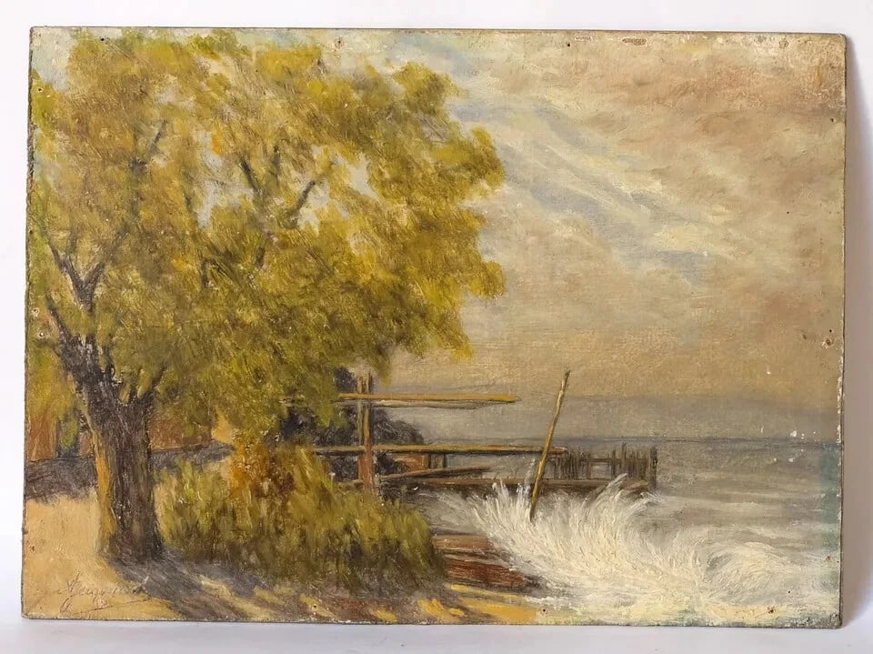 Antique Oil Original Painting signed Bourasque on Leman Amphion Haute Savoie - 7