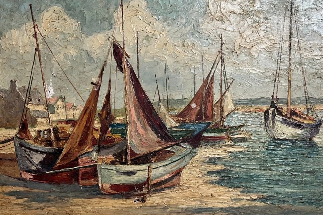 Antique Oil Painting Original Landscape, Seaview, Boats signed: Description Oil on wood 33 x 45.5 cm signed small damaged Reserve: $250.00 Shipping: Domestic: Flat-rate of $45.00 to anywhere within the contiguous U.S. International: Foreign shipping rates are