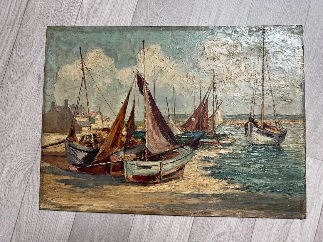 Antique Oil Painting Original Landscape, Seaview, Boats signed - 2