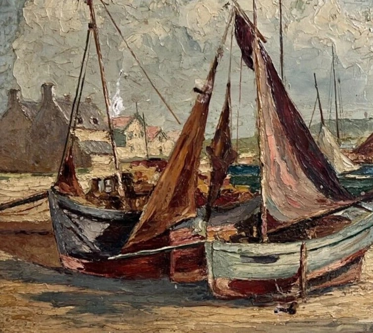 Antique Oil Painting Original Landscape, Seaview, Boats signed - 3