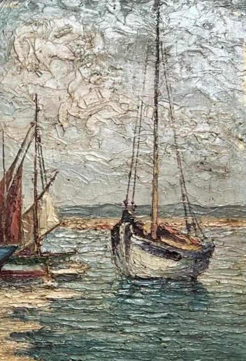 Antique Oil Painting Original Landscape, Seaview, Boats signed - 4