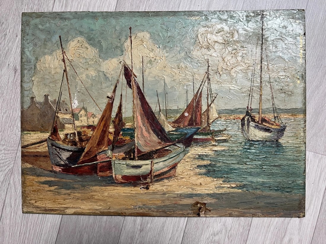 Antique Oil Painting Original Landscape, Seaview, Boats signed - 6