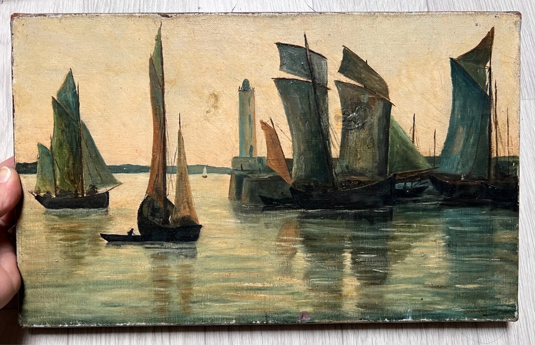 Antique Oil Painting Original Landscape, Seaview, Boats signed 19th century - 2