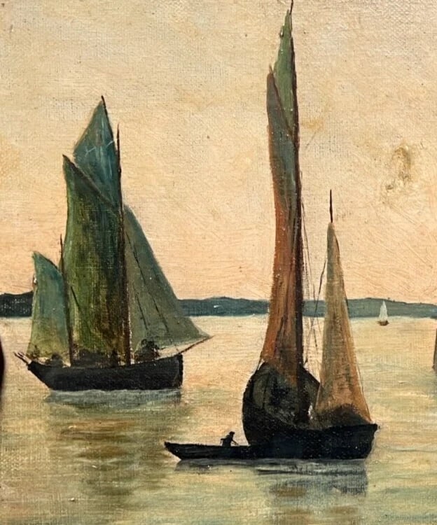 Antique Oil Painting Original Landscape, Seaview, Boats signed 19th century - 3