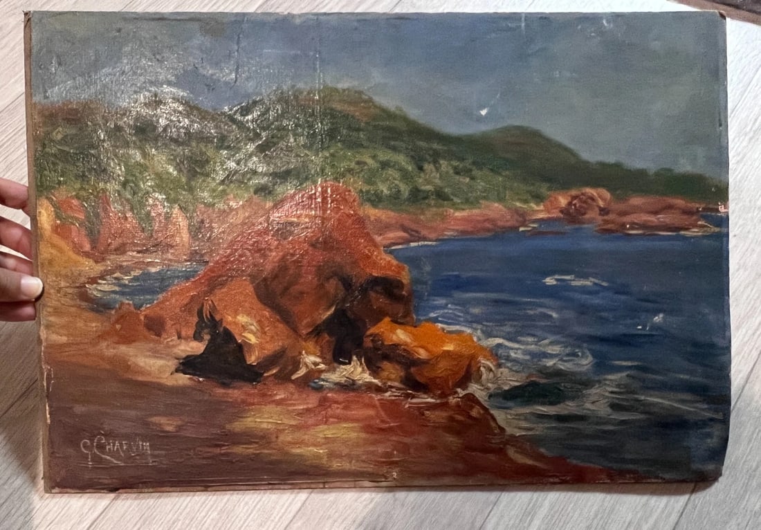 Antique Oil Painting Seascape Landscape Maritime View, Rocks signed - 2