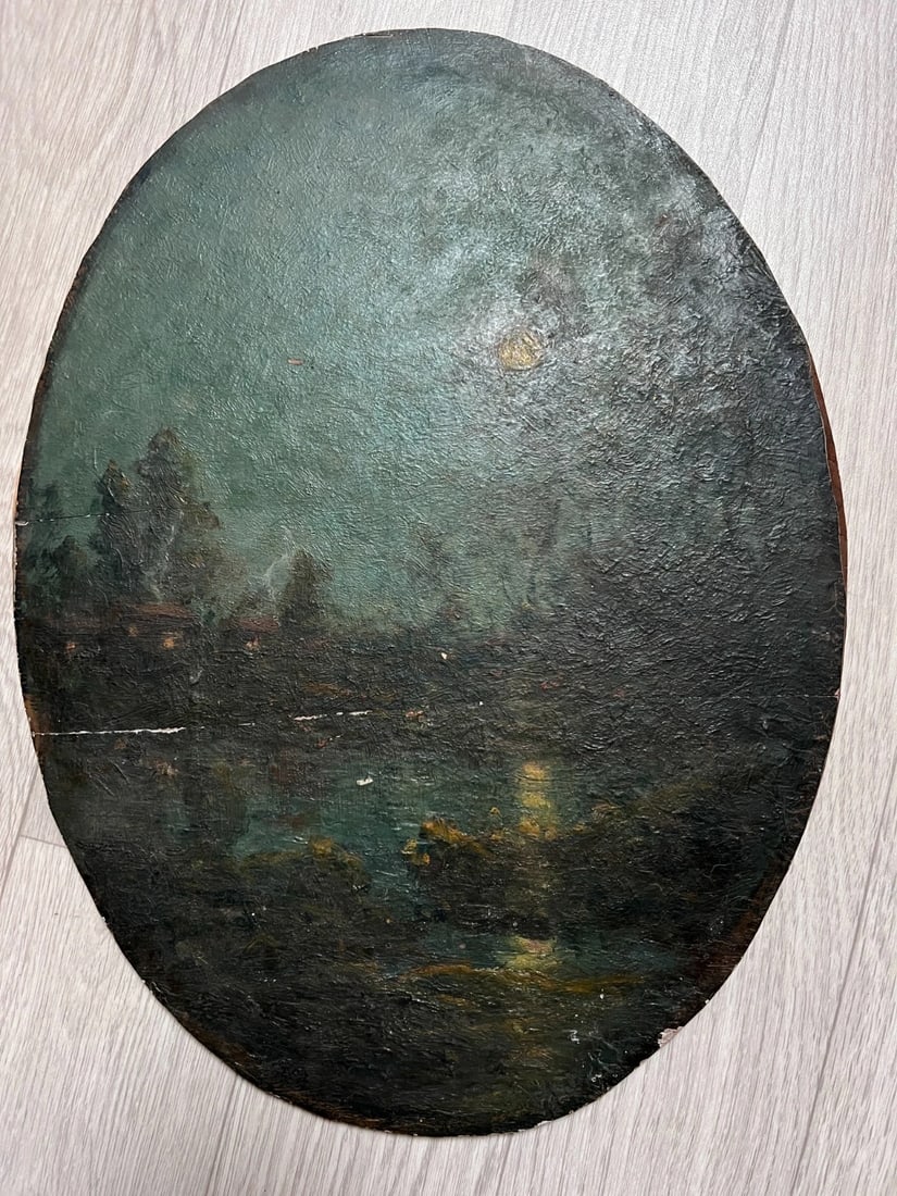 Antique Oil Painting Original Landscape, River, Trees, Forest, Moon, Night - 7
