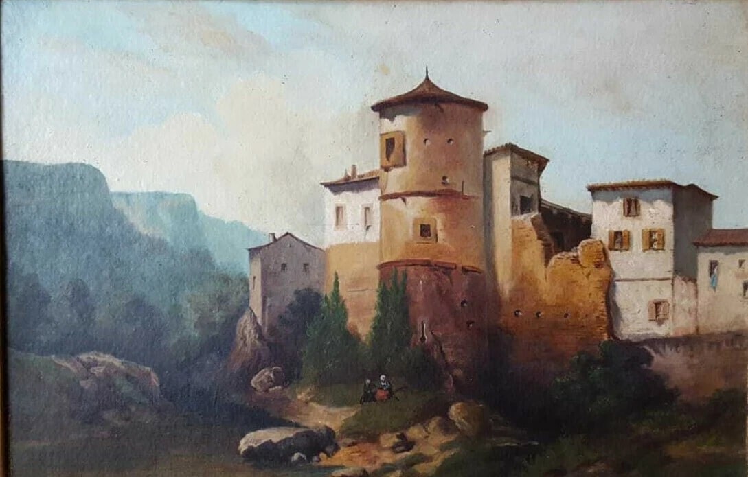 Antique Painting Oil Original 19th Century Fortified Hamlet Village Landscape: Description Oil on cardboard 31 x 47 cm missing parts, small accidents Reserve: $400.00 Shipping: Domestic: Flat-rate of $60.00 to anywhere within the contiguous U.S. International: Foreign shipping