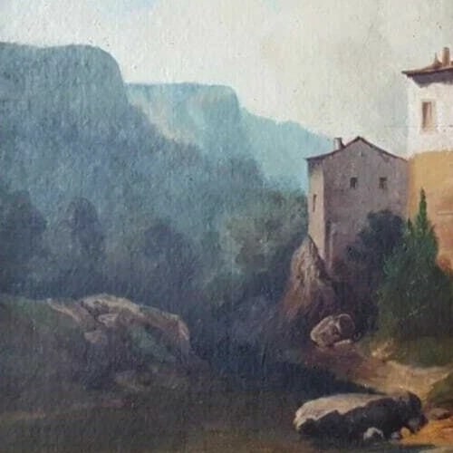 Antique Painting Oil Original 19th Century Fortified Hamlet Village Landscape - 3