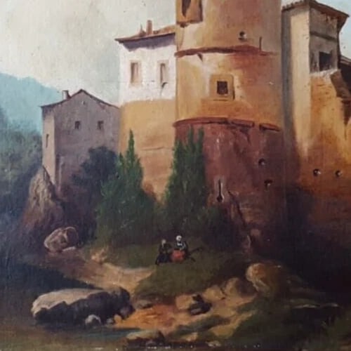 Antique Painting Oil Original 19th Century Fortified Hamlet Village Landscape - 5