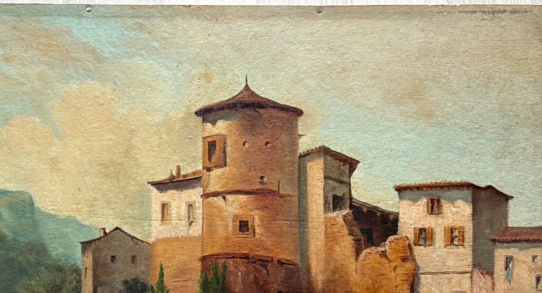 Antique Painting Oil Original 19th Century Fortified Hamlet Village Landscape - 6