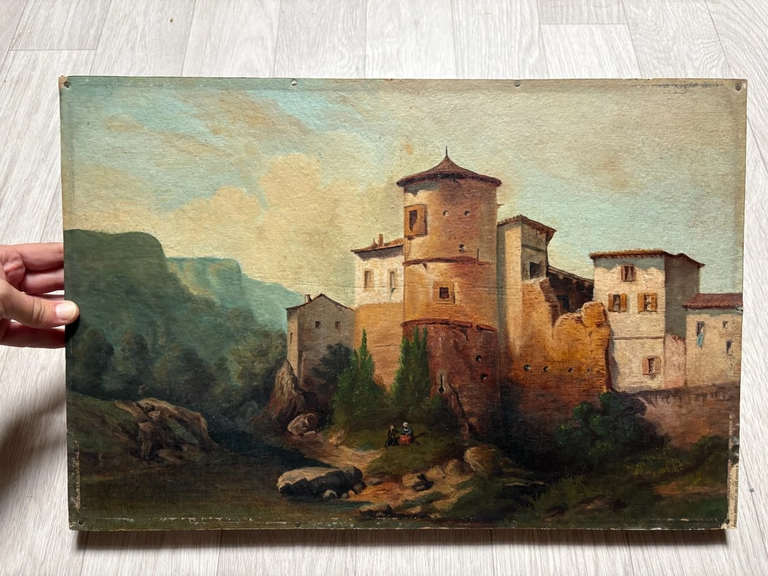Antique Painting Oil Original 19th Century Fortified Hamlet Village Landscape - 7