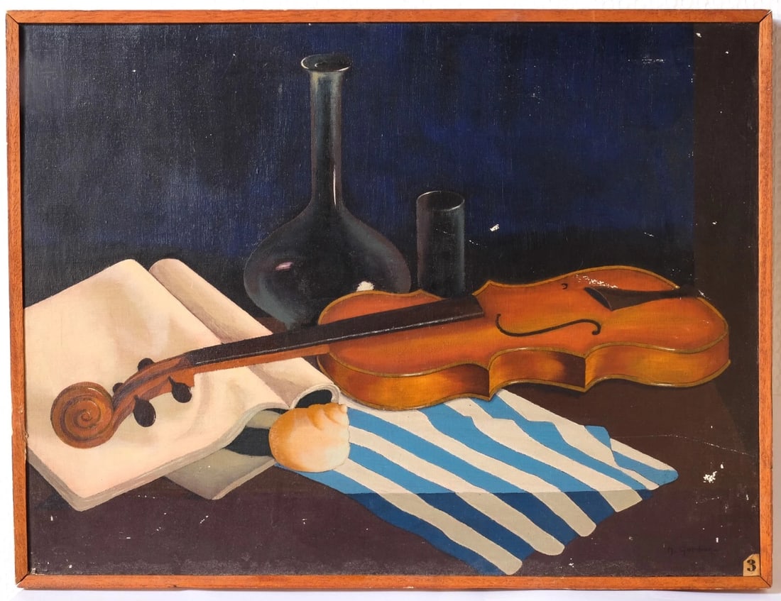 Antique Oil Old Original Painting Still life with Violin, Still Life - 7