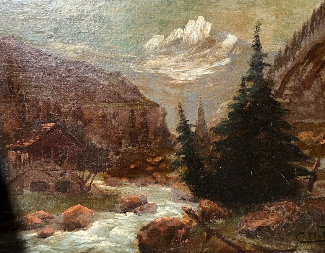 Antique Original Painting Chalet River Mountain Landscape 19th century: Oil on canvas 33 x 44 cm / 12.99 x 17.32 inches signed Reserve: $300.00 Shipping: Domestic: Flat-rate of $150.00 to anywhere within the contiguous U.S. International: Foreign shipping rates are