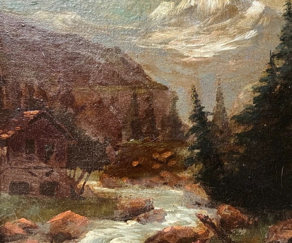 Antique Original Painting Chalet River Mountain Landscape 19th century - 2